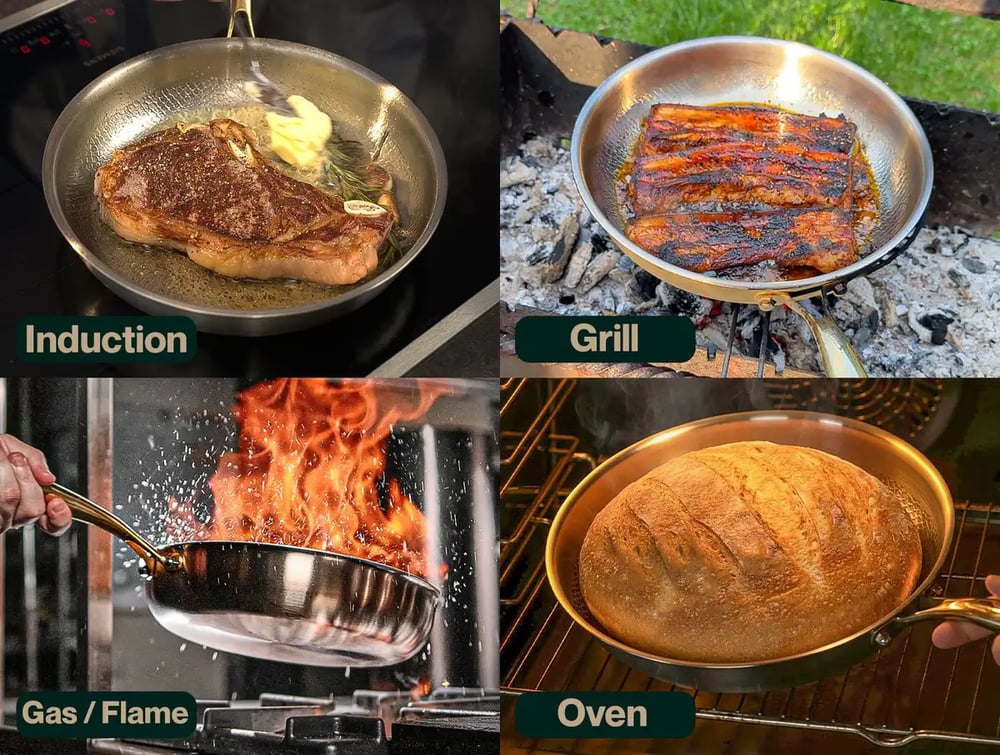 A four-panel image shows a pan used on induction, a grill, a gas flame, and in an oven.