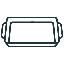 Minimalist icon of a rectangular baking dish with handles on both sides.