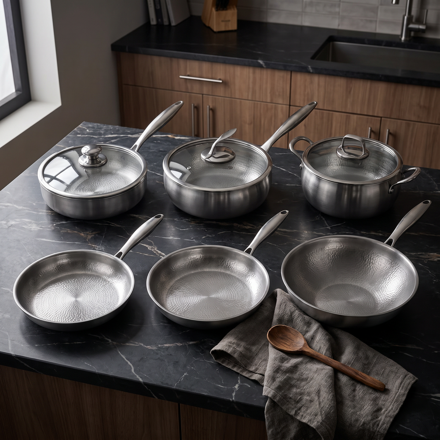 Hand-Hammered Titanium Complete Kitchen Set with 3 Lids (10, 11 & 12 Inch)