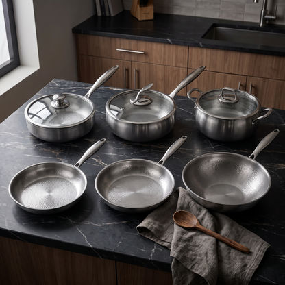 Hand-Hammered Titanium Complete Kitchen Set with 3 Lids (10, 11 & 12 Inch)