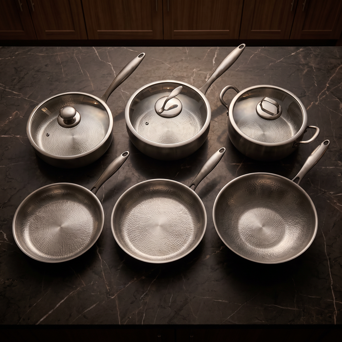 Hand-Hammered Titanium Complete Kitchen Set with 3 Lids (10, 11 & 12 Inch)