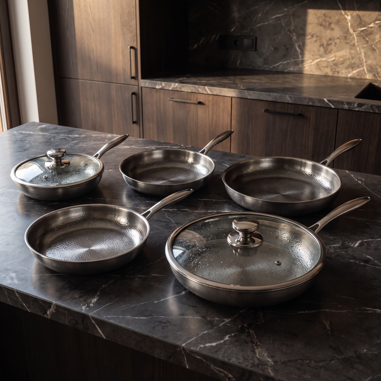 Hand-Hammered Titanium Frying Pan Bundle with 2 Lids (5 Sizes, 8–12 Inch)