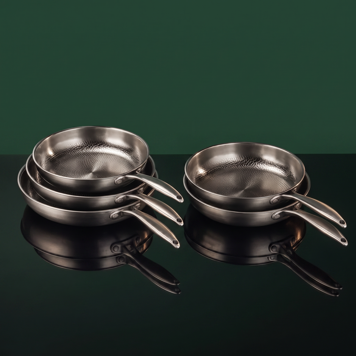 Hand-Hammered Titanium Frying Pan Bundle with 2 Lids (5 Sizes, 8–12 Inch)