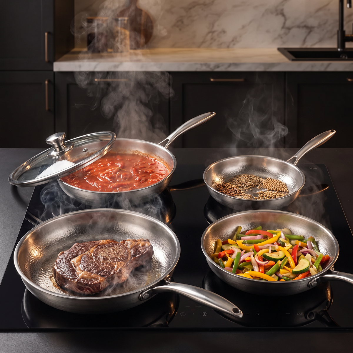 Hand-Hammered Titanium Frying Pan Bundle with 2 Lids (5 Sizes, 8–12 Inch)