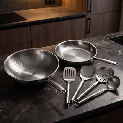 Hand-Hammered Titanium Wok & Fry Pan (10 Inch) with Utensils