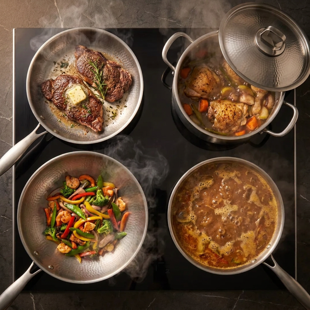 Hand-Hammered Titanium Essentials Kitchen Set with 2 Lids (10, 11 & 12 Inch)