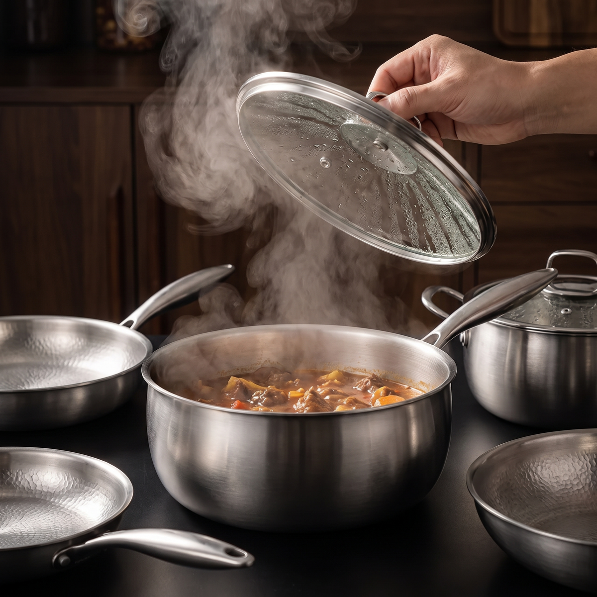 Hand-Hammered Titanium Complete Kitchen Set with 3 Lids (10, 11 & 12 Inch)