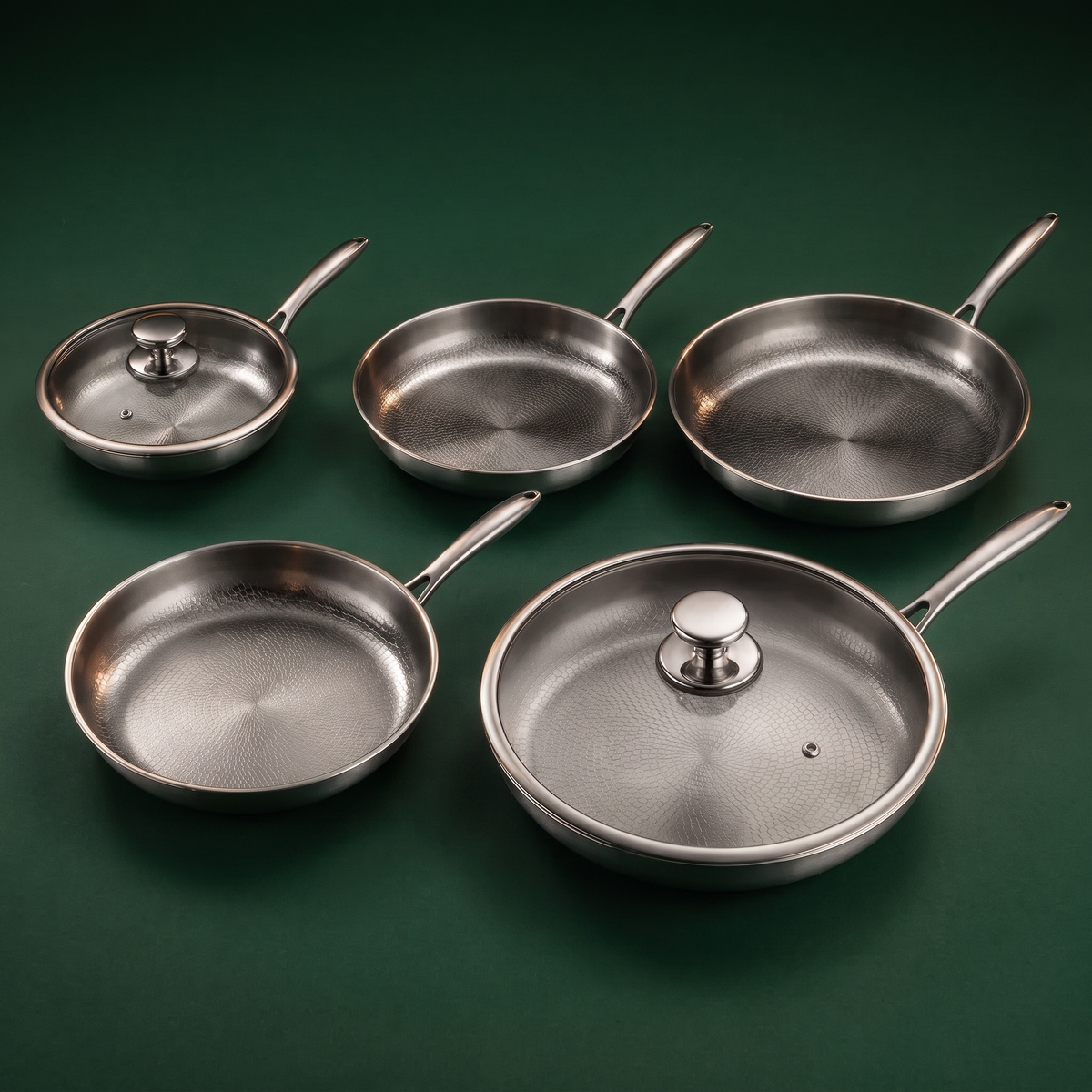 Hand-Hammered Titanium Frying Pan Bundle with 2 Lids (5 Sizes, 8–12 Inch)