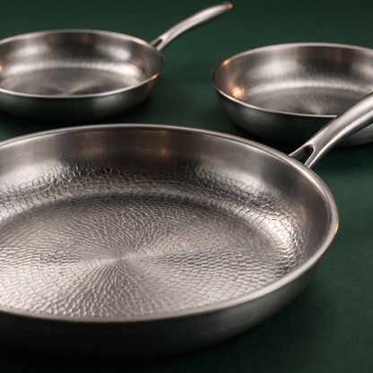 Hand-Hammered Titanium Frying Pan Bundle with 2 Lids (5 Sizes, 8–12 Inch)