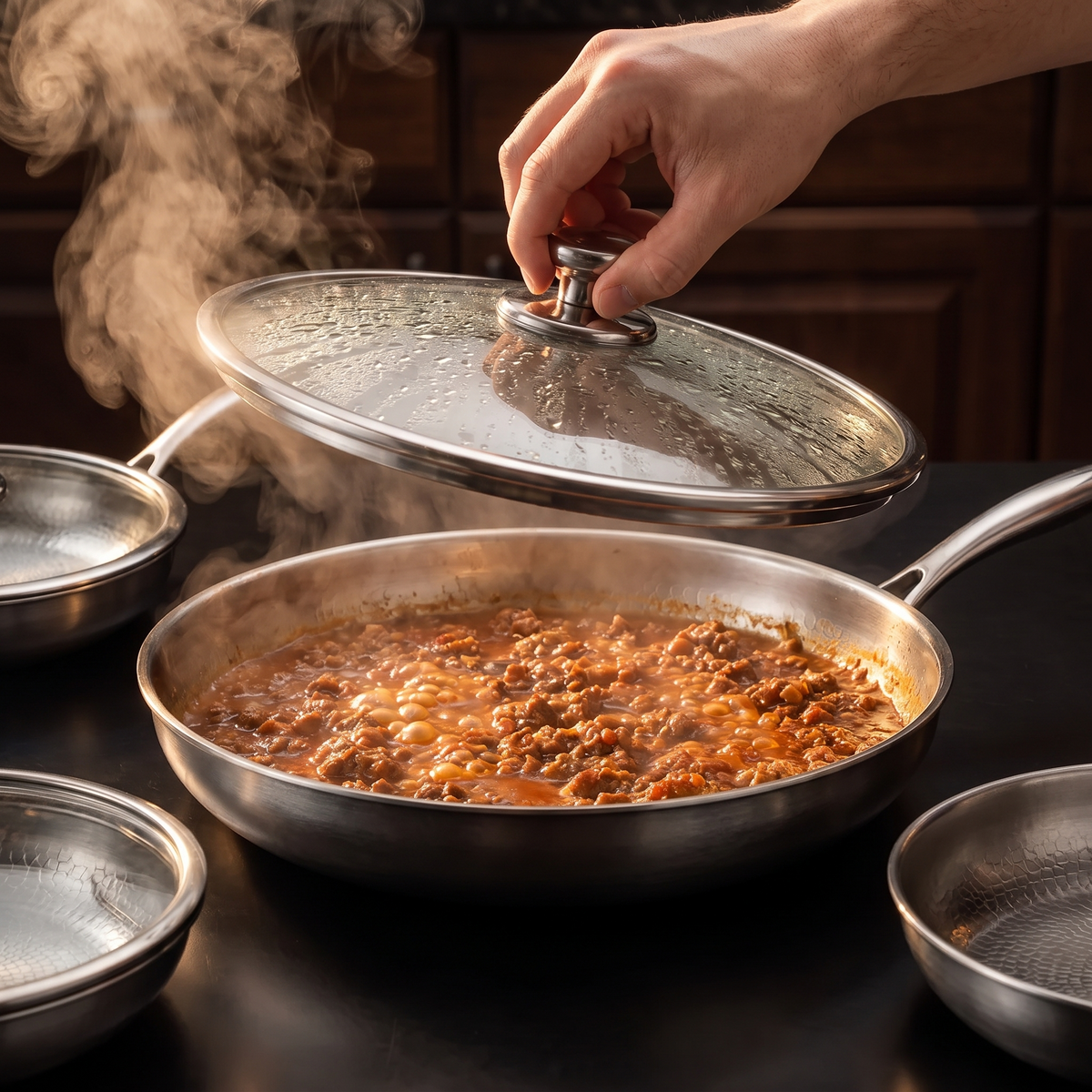 Hand-Hammered Titanium Frying Pan Bundle with 2 Lids (5 Sizes, 8–12 Inch)