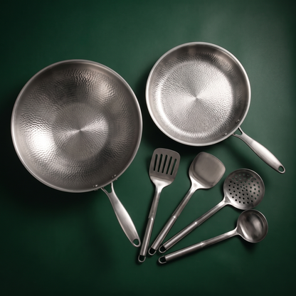 Hand-Hammered Titanium Wok & Fry Pan (10 Inch) with Utensils