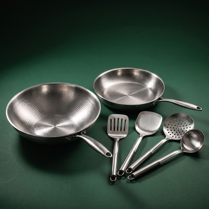 Hand-Hammered Titanium Wok & Fry Pan (10 Inch) with Utensils