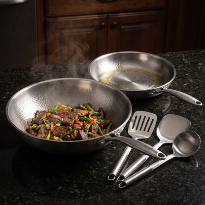 Hand-Hammered Titanium Wok & Fry Pan (10 Inch) with Utensils