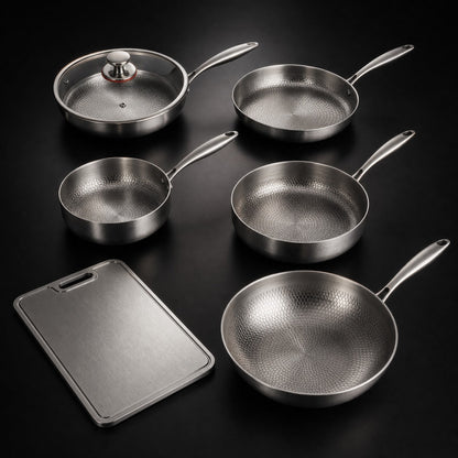 Hand-Hammered Titanium Multi-Pan Cook Set with Cutting Board (5 Pans, 8–10 Inch)