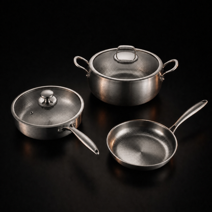 Hand-Hammered Titanium Premium Cooking Set with 2 Lids (8, 9 & 10 Inch)