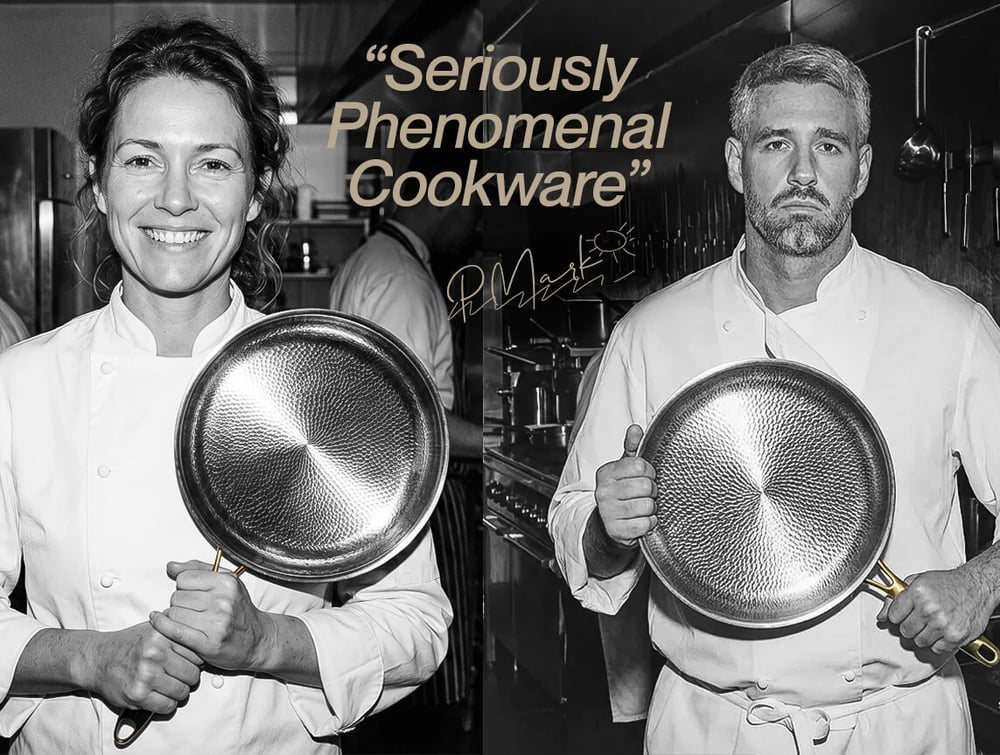 A smiling female chef and a serious male chef in a kitchen each hold up a textured pan.