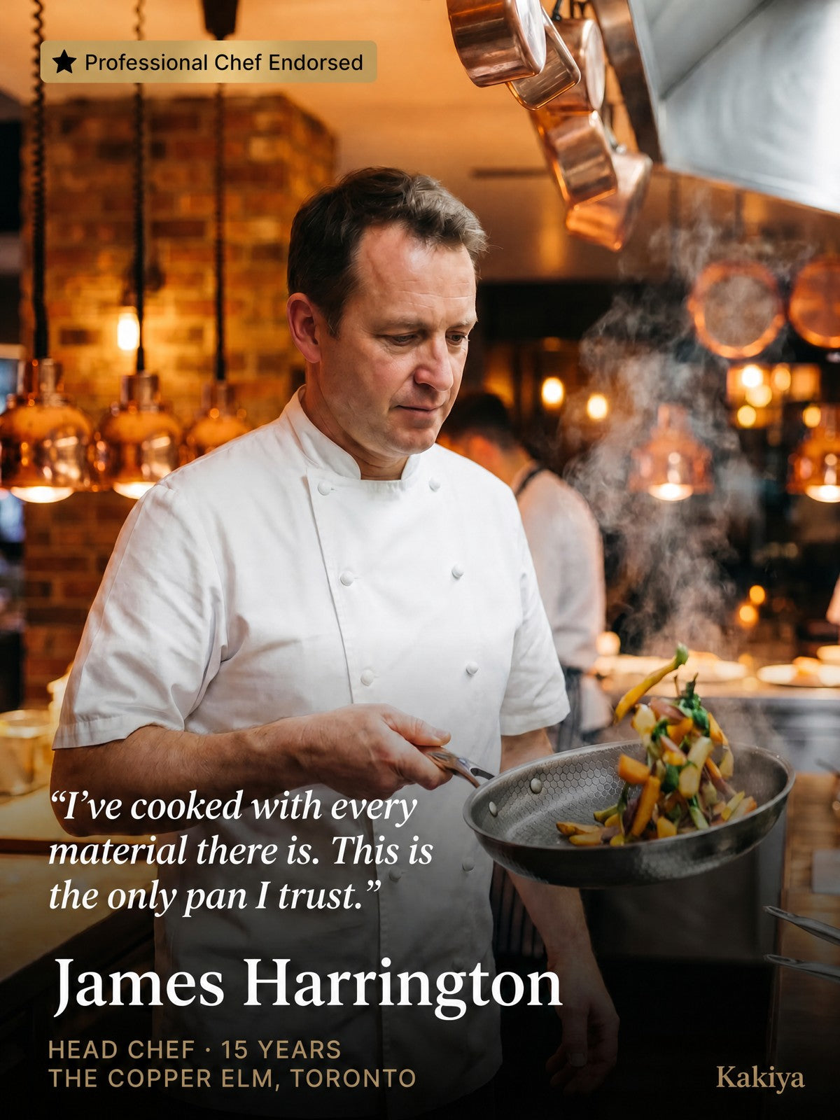 An advertisement featuring a chef in a professional kitchen tossing chopped vegetables in a steaming pan.