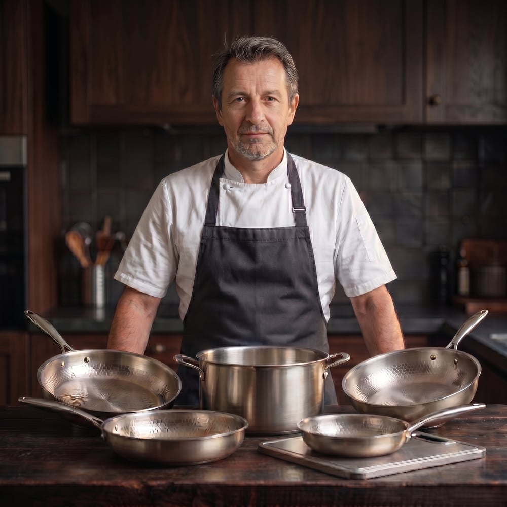 A chef in a white coat and black apron stands behind a display of stainless steel cookware.