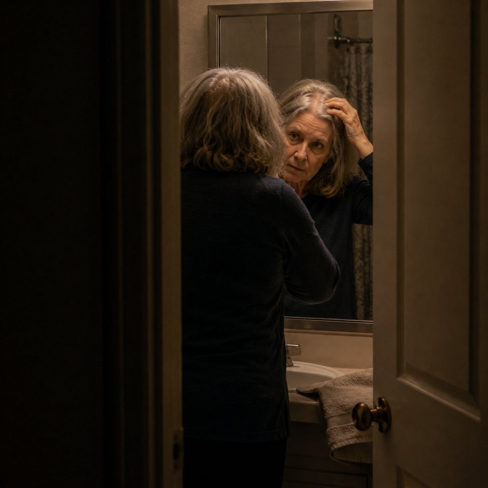 Woman in front of the bathroom mirror