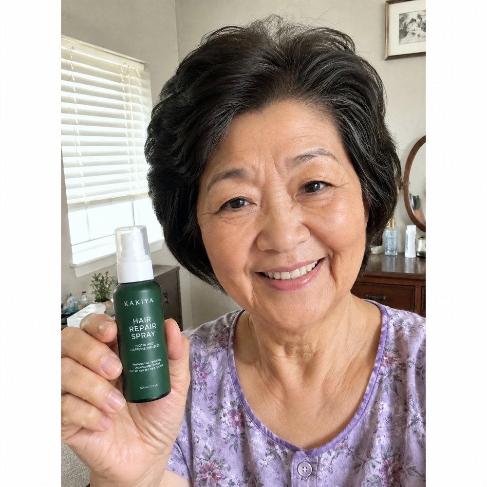 Customer holding Kakiya Repair Spray